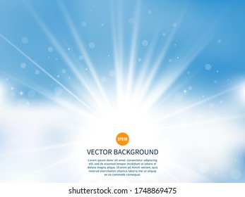 Sun with rays. Sunny background. Glow light effect. Summer time. Vector illustration.