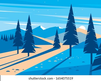 Sun rays at sunset, mountains and winter forest