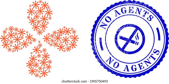 Sun rays swirl flower with four petals, and blue round NO AGENTS scratched watermark with icon inside. Element cluster done from oriented sun rays symbols. Vector flower collage in flat style.