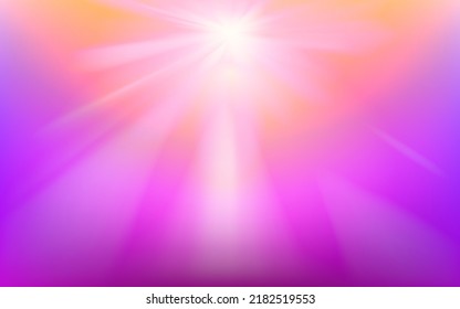 Die Sonne strahlt violettes Himmelsbanner. Erstaunlich glänzender, leerer Hintergrund. rosafarbene lila gelbe Farbverlauf-verschwommenes Muster.