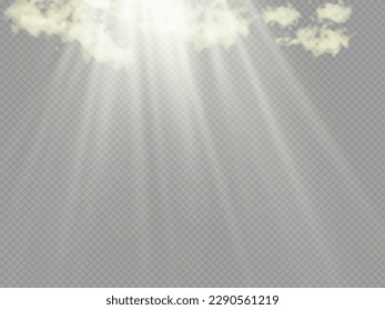 Los rayos solares. La transparencia se crea por niebla o humo. Vector de nube, tormenta de nieve. Brilla del sol a través de la niebla. cielo azul. Luz celestial.