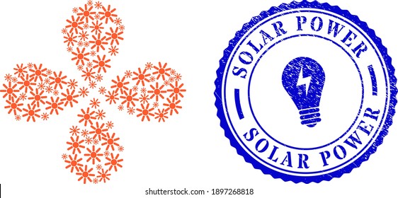 Sun rays twirl flower with four petals, and blue round SOLAR POWER rubber seal with icon inside. Object cyclone designed from oriented sun rays items. Vector flower collage in flat style.