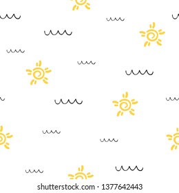 Sun with rays and waves on transparent background seamless pattern. Vector.