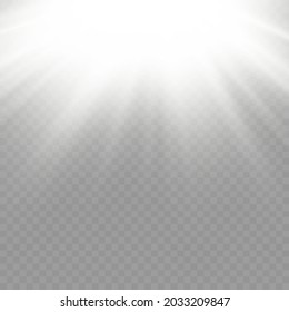sun rays, white beam effect, blur in the light of radiance, sunlight with bright explosion, flare effect with rays of light and magic sparkles, front sun lens flash, vector illustration, eps 10.