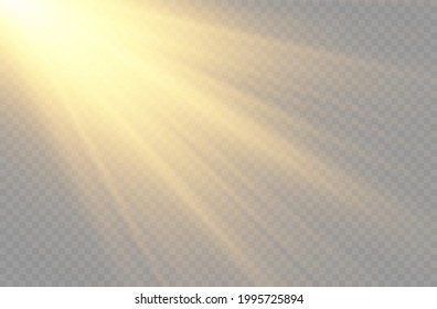Sun rays, yellow beam effect, blur in the light of radiance, sunlight with bright explosion, flare effect with rays of light and magic sparkles, front sun lens flash, vector illustration, eps 10.