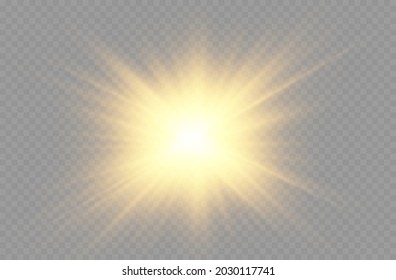 sun rays, yellow beam effect, front sun lens flash, sunlight with bright explosion, flare effect with rays of light and magic sparkles, blur in the light of radiance, vector illustration, eps 10.