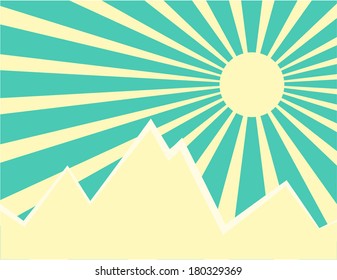 Sun rays with yellow and green retro color over the mountain,Vector illustration