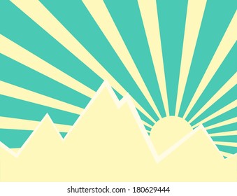 Sun rays with yellow and green retro color behind the mountain,Vector illustration