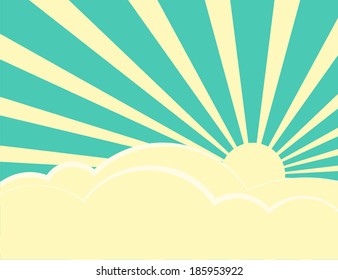 Sun rays with yellow and green retro color behind the clouds,Vector illustration
