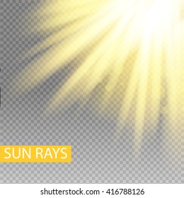 sun rays yellow warm light effec, beams on transparent background. Vector illustration.