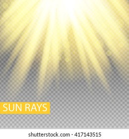 sun rays yellow warm light effect,  beams on transparent background. Vector illustration.