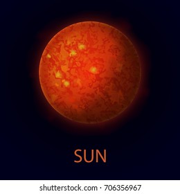 Sun. Realistic red big star. Heat source. Vector illustration on dark background.