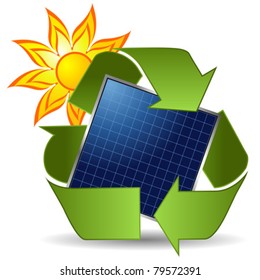 Sun recycle symbol and solar panel over white background
