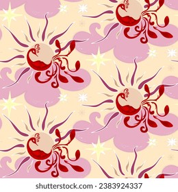 Sun with red firebird at the light background. Pattern