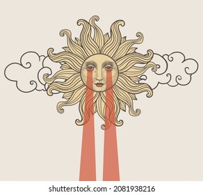 sun with red rays from eyes, retro engraving vector