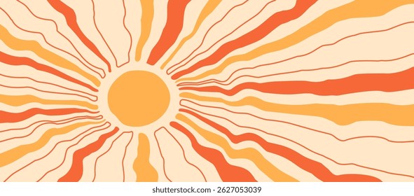 Sun retro background, summer burst pattern, groovy wave ray sunshine, abstract sun beam line art, radial funny power. Solar cute matisse frame, stripes bg outline and flat design. Vector illustration