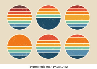 Sun retro badge and emblem set. Abstract ocean view background inside circles shapes with geometric vintage distressed style. Perfect for sticker, logo, icon, t-shirt or any purpose.