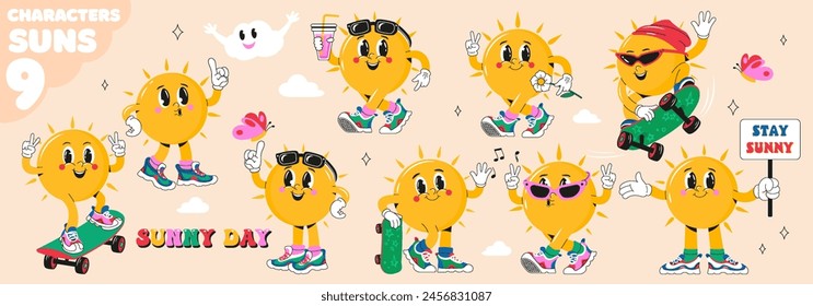 Sol en estilo de dibujos animados retro en varias poses y ángulos. Personaje de moda en zapatos con estilo para sus diseños. Pegatina, impresión, diseño de póster.Vector