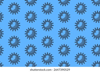 sun retro doodle seamless pattern on blue background for packaging and merchandise. hand-drawn sunshine illustration motif wallpaper. bright summer engraving pattern background