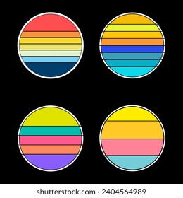 Conjunto de emblemas retro de sol. Resumen de la vista oceánica, dentro de forma de círculo con estilo angustiado para pegatinas, logo, icono, camiseta. vector de círculo de color.
