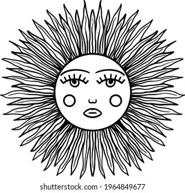 Sun retro emblem. Vintage antique drawing sun face sketch, old engraving vector illustration. Hand drawn sun with face stylized as engraving. Can be used as a print for T-shirts and bags, postcards