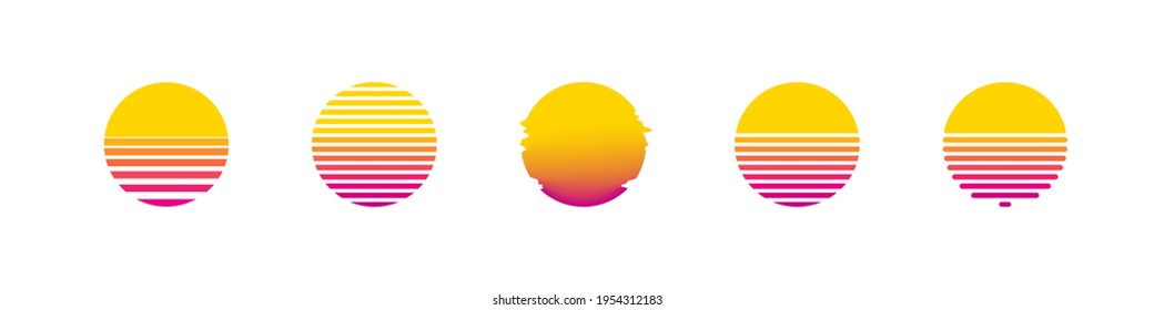 Sun retro set sunset or sunrise element 1980s style. Retrowave sun flat design banner isolated illustration