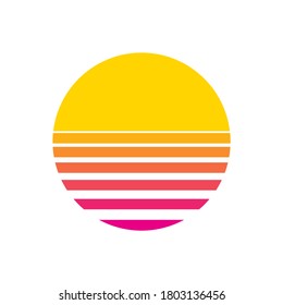 Sun retro sunset or sunrise element 1980s style. Retrowave sun flat design banner isolated illustration