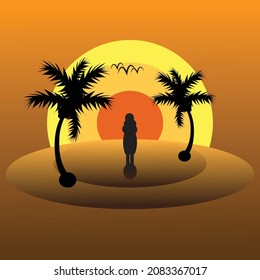 Sun ricing evening in the beach. Vector illustration. 
Beach background. 