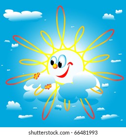 the sun is riding on a cloud of fluffy, happy sun sits, good weather, blue sky with clouds