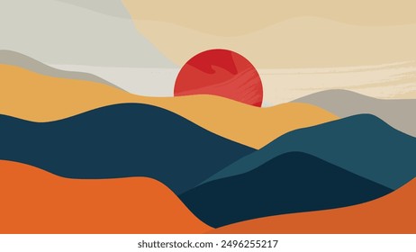 Sun rise Boho style. Simple, Japanese, minimal style. Vector illustrator