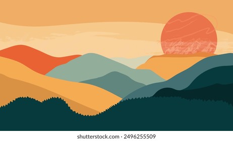 Sun rise Boho style. Simple, Japanese, minimal style. Scenario mountain rainbow Boho. Vector illustrator