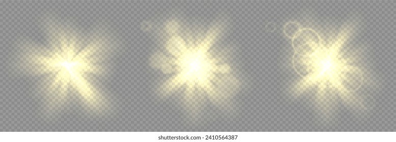 Sun rise bright aura. Sunset light halo flare. Camera lens flare in landscape vector png. Radial glow bokeh starburst. Magic atmospheric glow in the sky