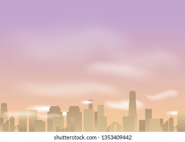 Sun rise city, cartoon vector illustration for web and print, hi-tech romantic, creative concept, pink and beige