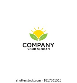 Sun rise over Leaves Logo design vector template. Alternative Energy concept. Eco organic green Farm natural fresh products Logotype icon.