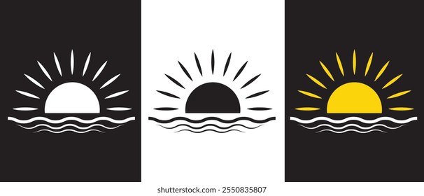 Sun Rise Vector Icon symbol. Set sun and sea vector icon. Isolated on white background. Vector illustration.
