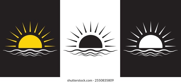 Símbolo del icono del Vector de la salida del sol. Icono del Vector del sol y del mar. Aislado sobre fondo blanco. Ilustración vectorial.
