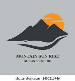 the sun rises on the mountain design logo vector