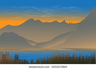 O sol nasce sobre a floresta, abeto, e vista de montanha nebulosa, ilustração vetorial plano de fundo