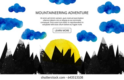 The sun rises over the mountain. Advertising a ski holiday in the mountains. A scene of nature in mountainous terrain. Web page. Watercolor silhouette of the mountains. Vector illustration