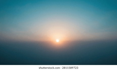 Sun rising above calm ocean waters with soft light rays