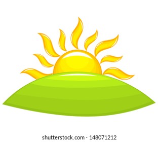 Sun rising above the green hill. Vector illustration