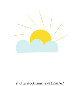 Sun rising behind cloud vector illustration. Minimalist flat design of bright yellow sunshine and fluffy cloud for children's nursery decor, weather infographics, sky backgrounds and baby room wall art isolated on light background.
