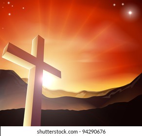 Sun rising behind the Cross over a mountain range. Resurrection Christian Easter concept