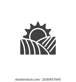 Sun rising behind field vector icon. filled flat sign for mobile concept and web design. Field and Sun glyph icon. Symbol, logo illustration. Vector graphics