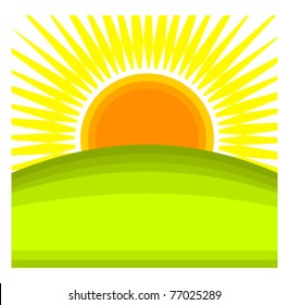 Sun rising behind green hill horizon. Vector illustration