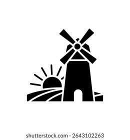 Sun Rising Behind Windmill Icon for Renewable Energy