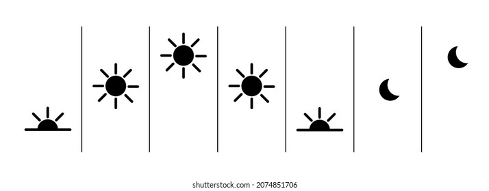 Sun rising and going down and moon rising. Process icons, symbols. Basic vector illustration isolated on white background.