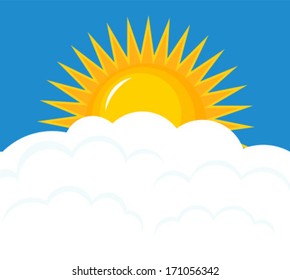 Sun rising over clouds. Sky vector illustration