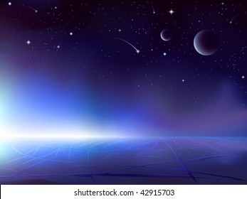 Sun rising over a dark icy planet (other space landscapes are in my gallery)