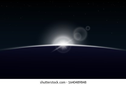 Sun Rising Over Planet On Outer Space - Bright White Sunrise On Dark Galaxy Background With Realistic Lens Flare. Star And Planet Eclipse Backdrop - Vector Illustration